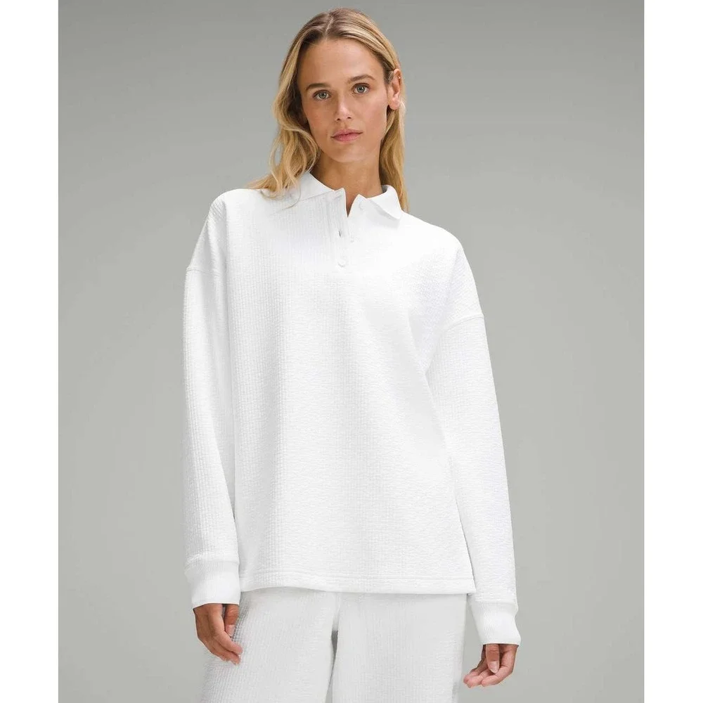 Lululemon Textured Long Sleeve Polo Shirt Women's Sz 2 White Athleisure